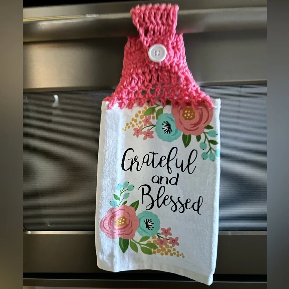Hand Crafted Floral Hanging Kitchen Hand Towels Colorful Grateful and Blessed